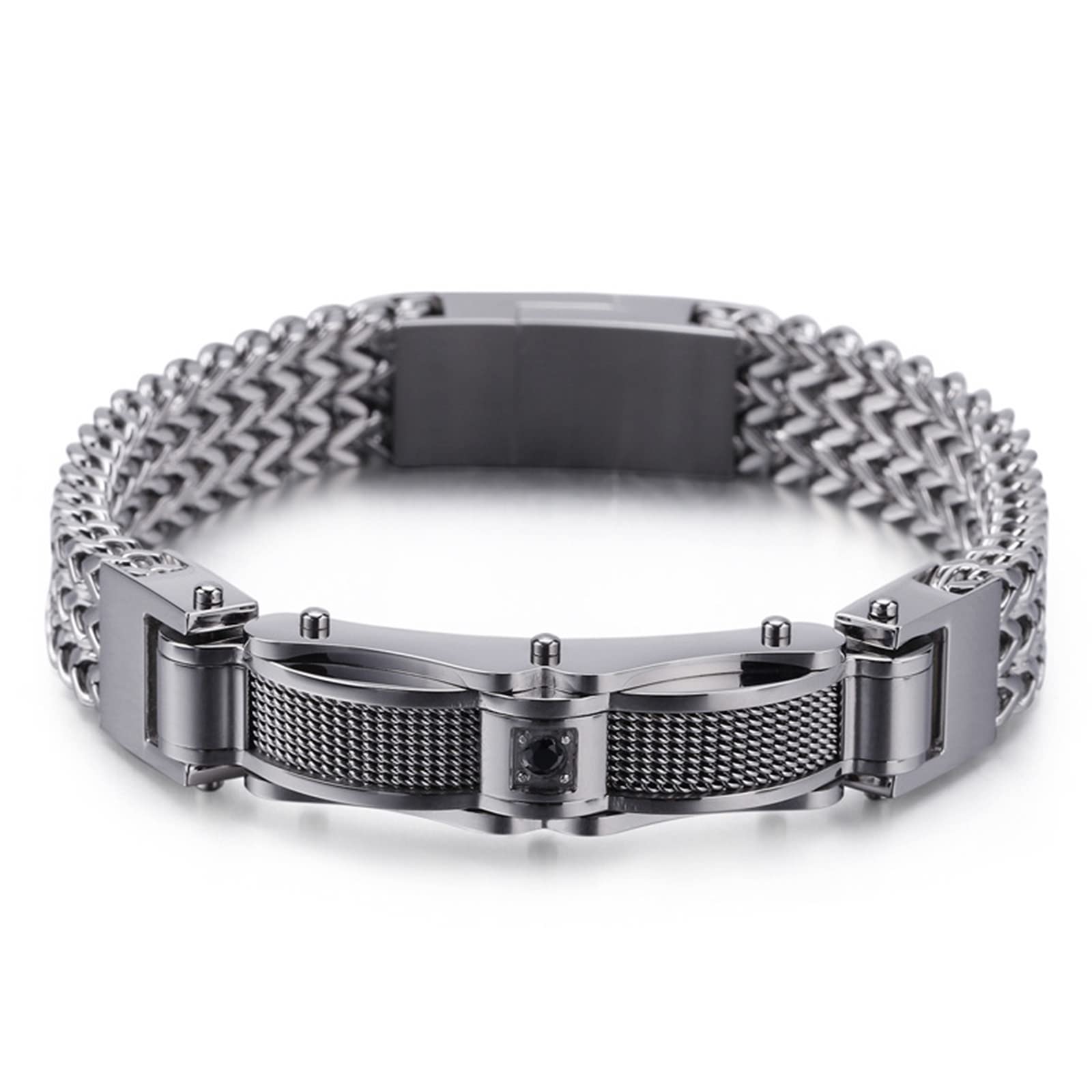 Bracelet Homme Argent Marron Foncé， Bracelet Cuir Homme Tissage de Quille Acier Inoxydable Bracelets Jonc
