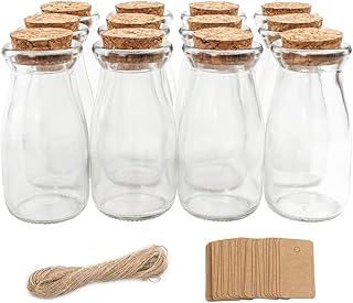 CUCUMI 12pcs 3.4oz Small Glass Favor Jars, 100ml Bottles with Cork Lids, Mini Jars Milk Bottles, Party Favors Wedding Potion 25pcs Label Tags and 20m Burlap Ribbon