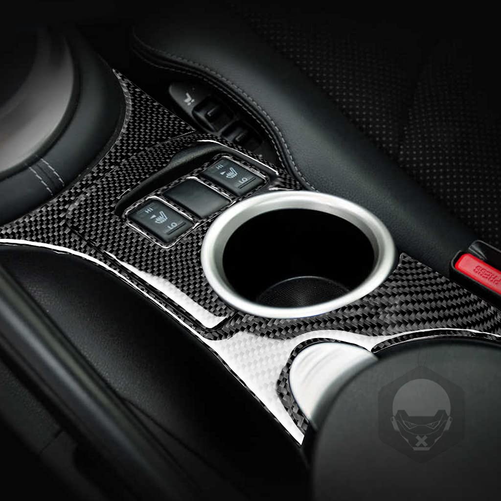 RRX Carbon Fiber Center Console Cup Holder Panel With Central Heating Switch Button Frame Cover Interiors Decal Stickers Accesseries For NISSAN 370Z Z34 2009-up (black)