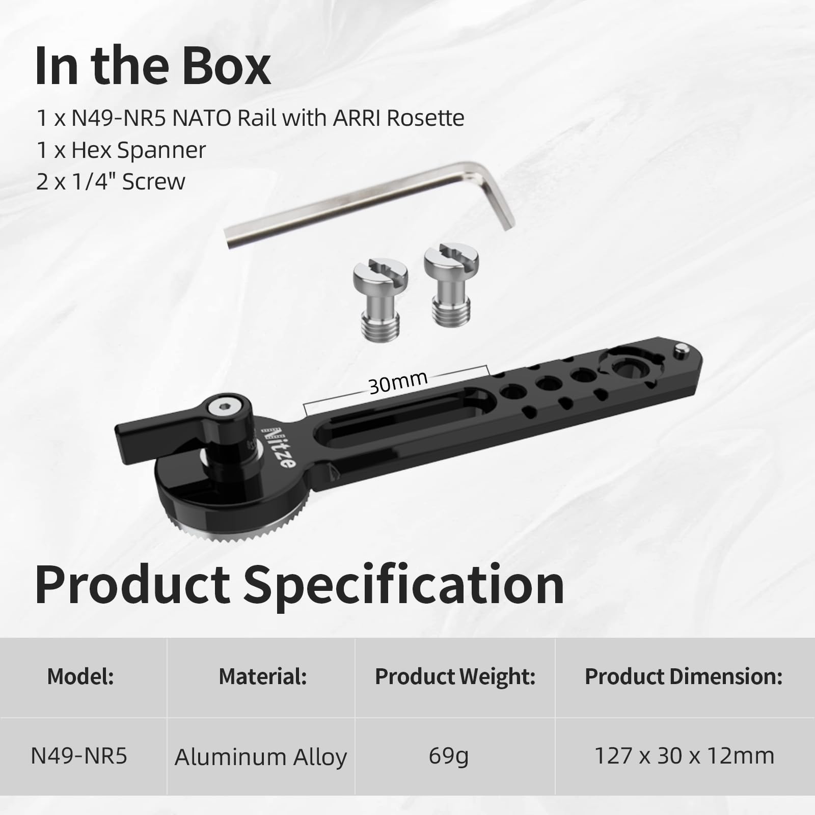 Nitze NATO Rail con ARRI Rosette, Cierre Rápido NATO Riel Aleación Aluminio con Anti-Off Pin y Varios Puntos Montaje, Compatible con Soporte de Monitor, EVF (5"/127) - N49-NR5