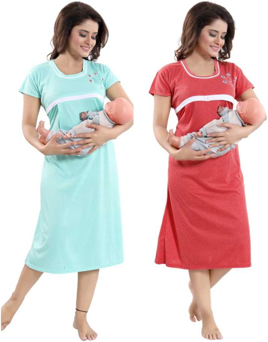 Elady Soft Hosiery Cotton Maternity Short Gown Combo Nursing Feeding Short Nighty Pre and Post Pregnancy with Concealed Zip, Short Length Dots Print - Free Size.