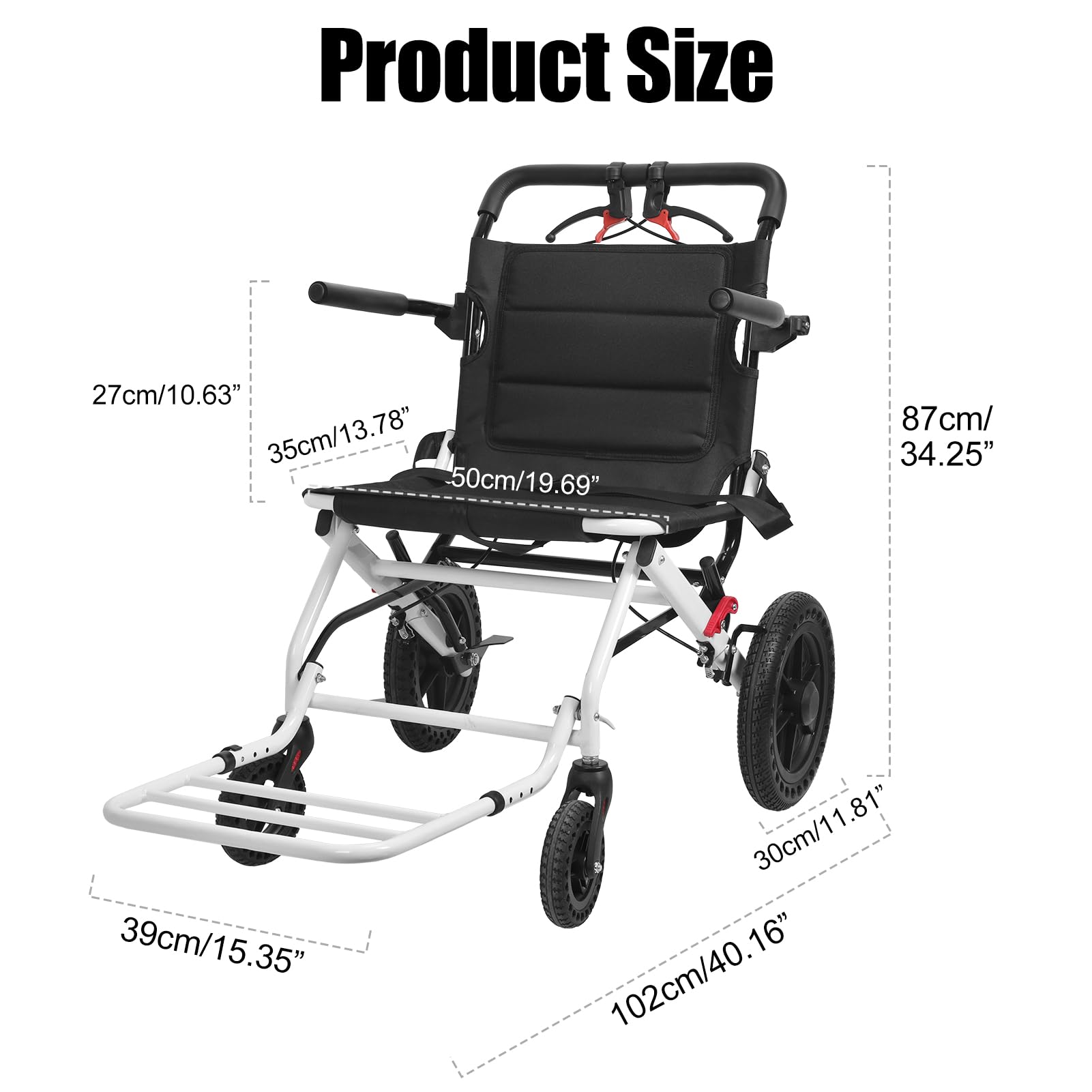 Lekki składany wózek inwalidzki o wadze 6,4 kg, dla dorosłych i seniorów, 50 cm, przenośny wózek inwalidzki z teleskopowym uchwytem, tylne koła 30 cm i pas bezpieczeństwa, podróżny wózek inwalidzki