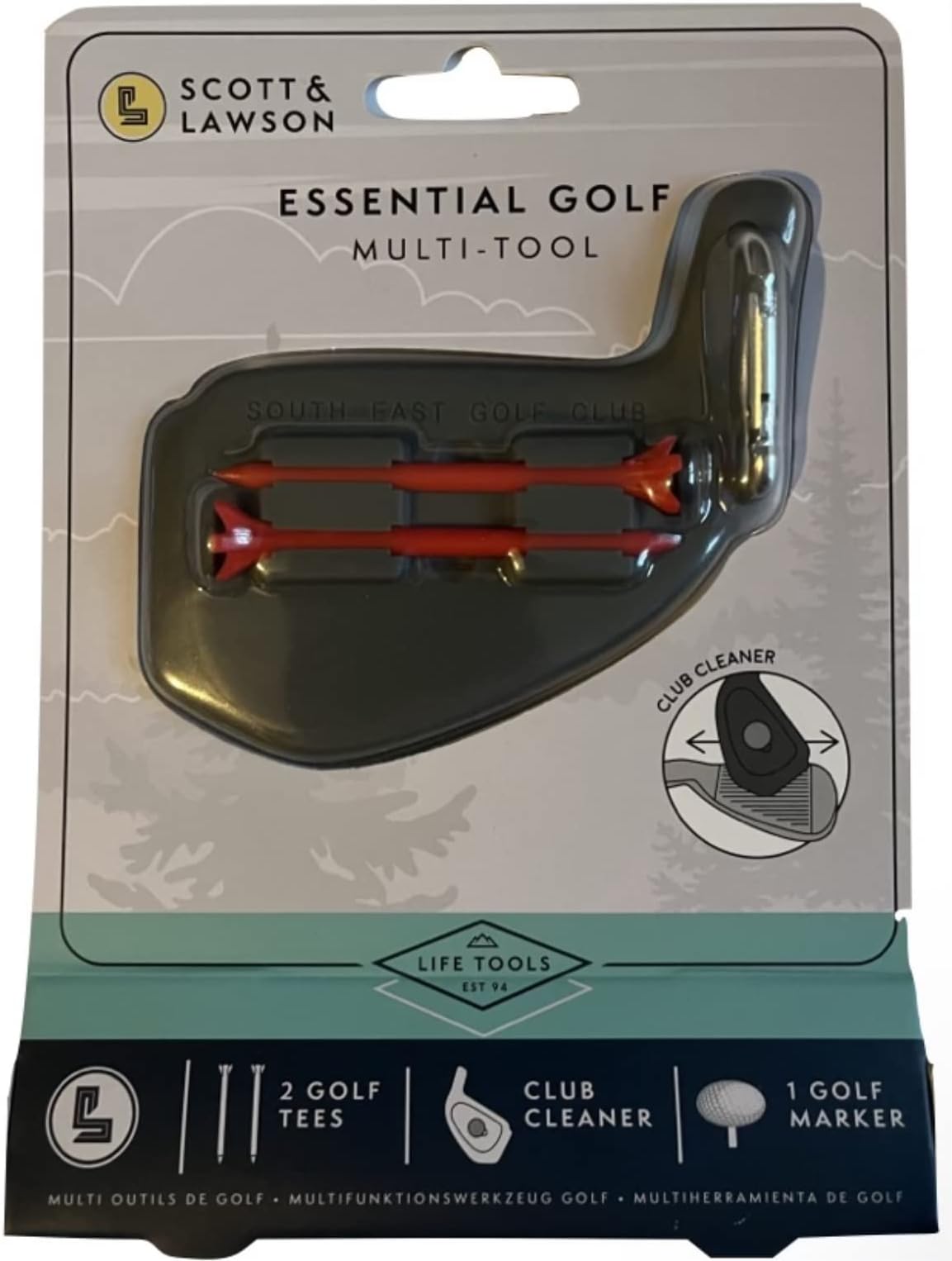Scott & Lawson Essential Golf Multi-Tool accessory set, 2 golf tees, club cleaner and golf marker with clip