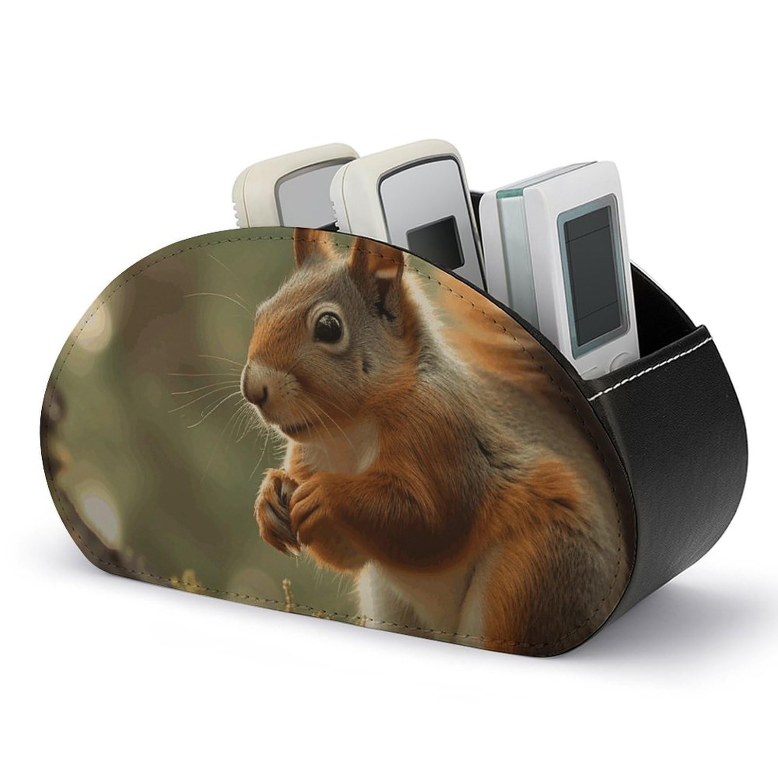 DWVTSLH Wildlife Forest Squirrel Remote Control Holder with 5 Compartments - PU Leather TV Remote Holder Remote Caddy Desktop Organizer Makeup Brush Holder, Remote Storage Box for Home Office
