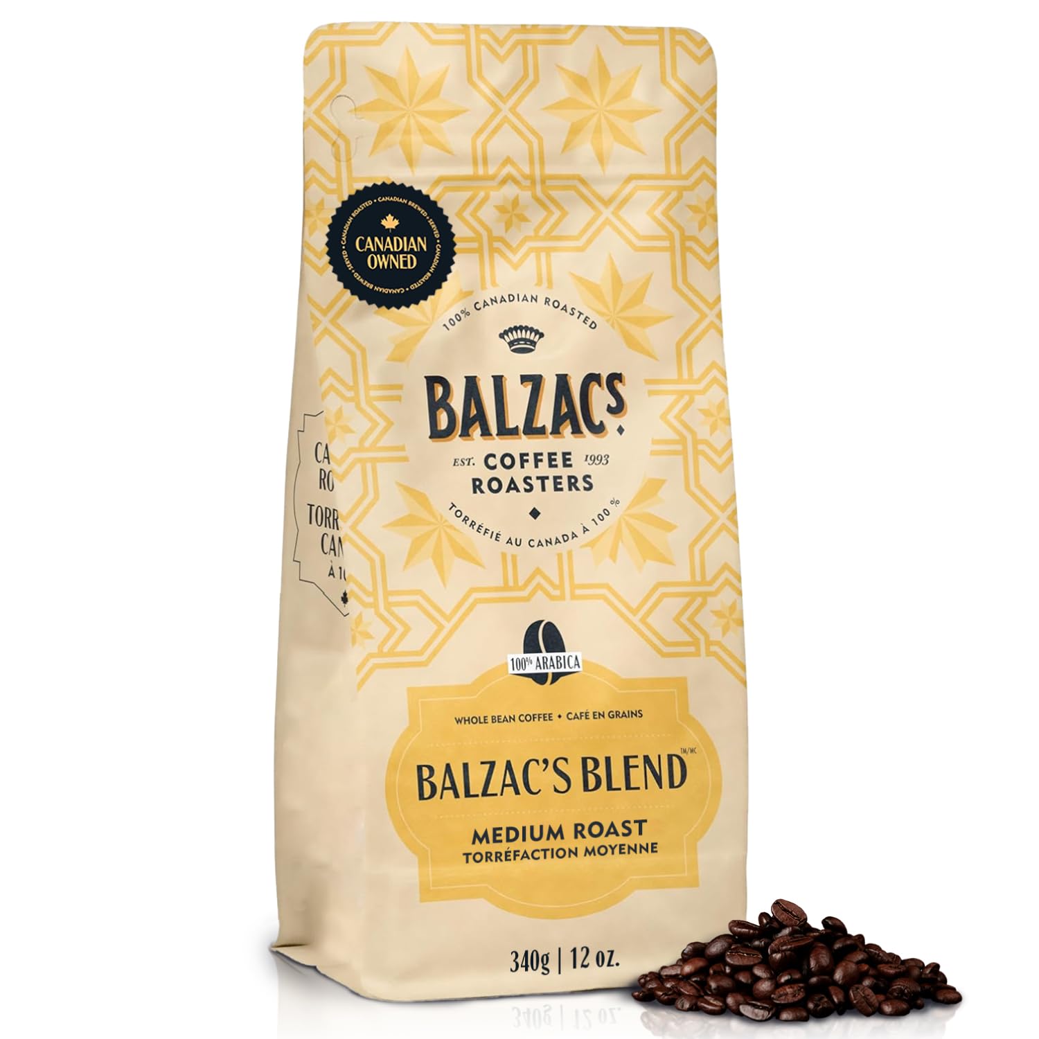 Balzac’s Coffee Roasters - Balzac’s Blend | 100% Arabica Whole Bean Coffee | Marble Roast (Dark) | Bold, Rounded, and Generous – A Gutsy Cup | 340G, 12OZ. (Pack of 1)