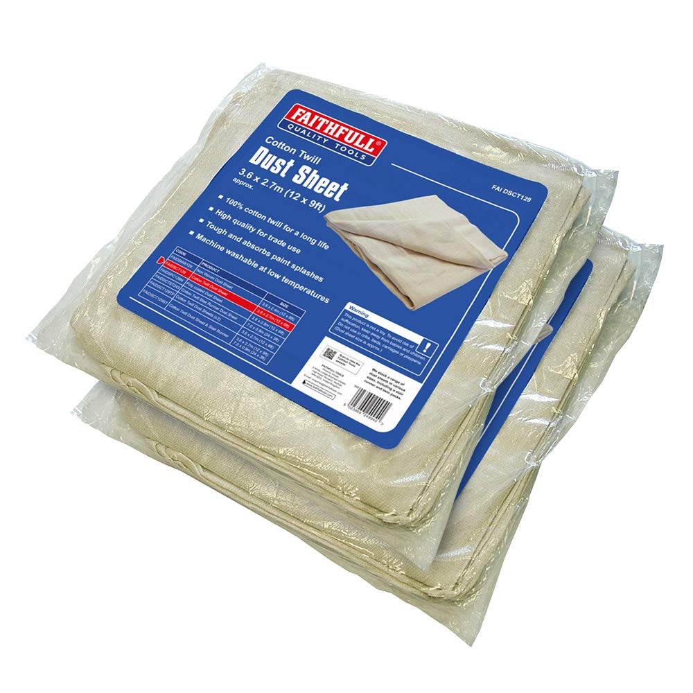 Faithfull Dust Sheet Cot/Twill 12 x 9ft Twinpack - White - 100% Cotton
