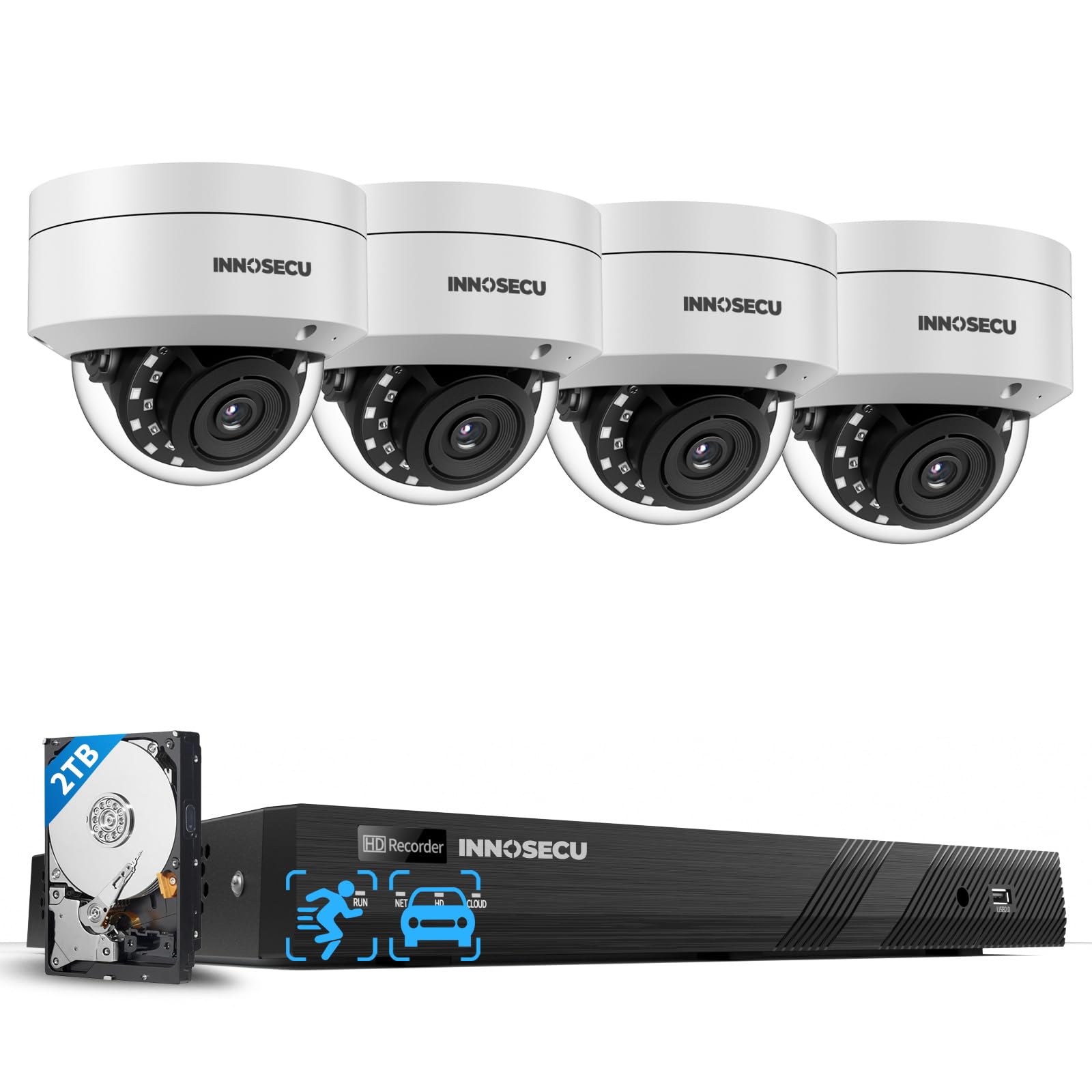 INNOSECU 4MP IP Dome Security Cameras (4×IND4FR54A) Bundled with an 16CH PoE NVR with 2TB HDD (IN216P16C-2T) Form a Plug-and-Play PoE Camera Security System Featuring AI Detection