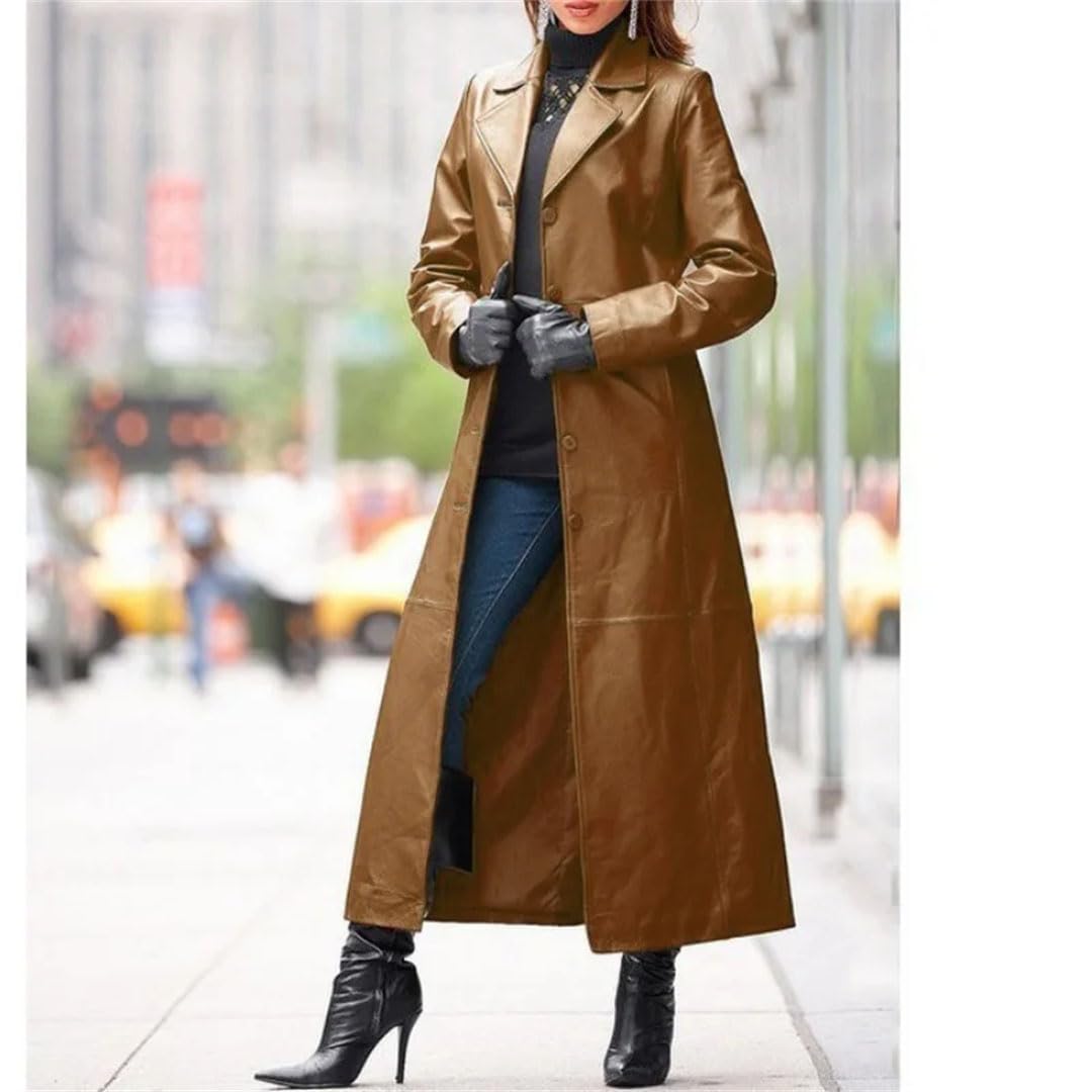Suwequest Abrigo de cuero sin cinturón con solapa para mujer, abrigo largo, gabardina de cuero delgado, chaqueta de color sólido con solapa de moda