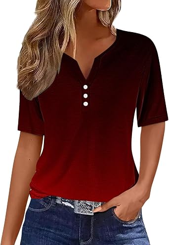 Womens Summer Tops Trendy 2024 Dressy Casual Gradient Short Sleeve Tunic Shirts Loose Comfy Henley v Neck Blouses