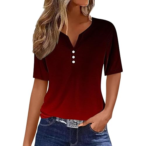 SMIDOW Blouses for Women Dressy Casual 2025 Trendy Gradient Short Sleeve Henley Shirts Button Down v Neck Summer Tunic Tops