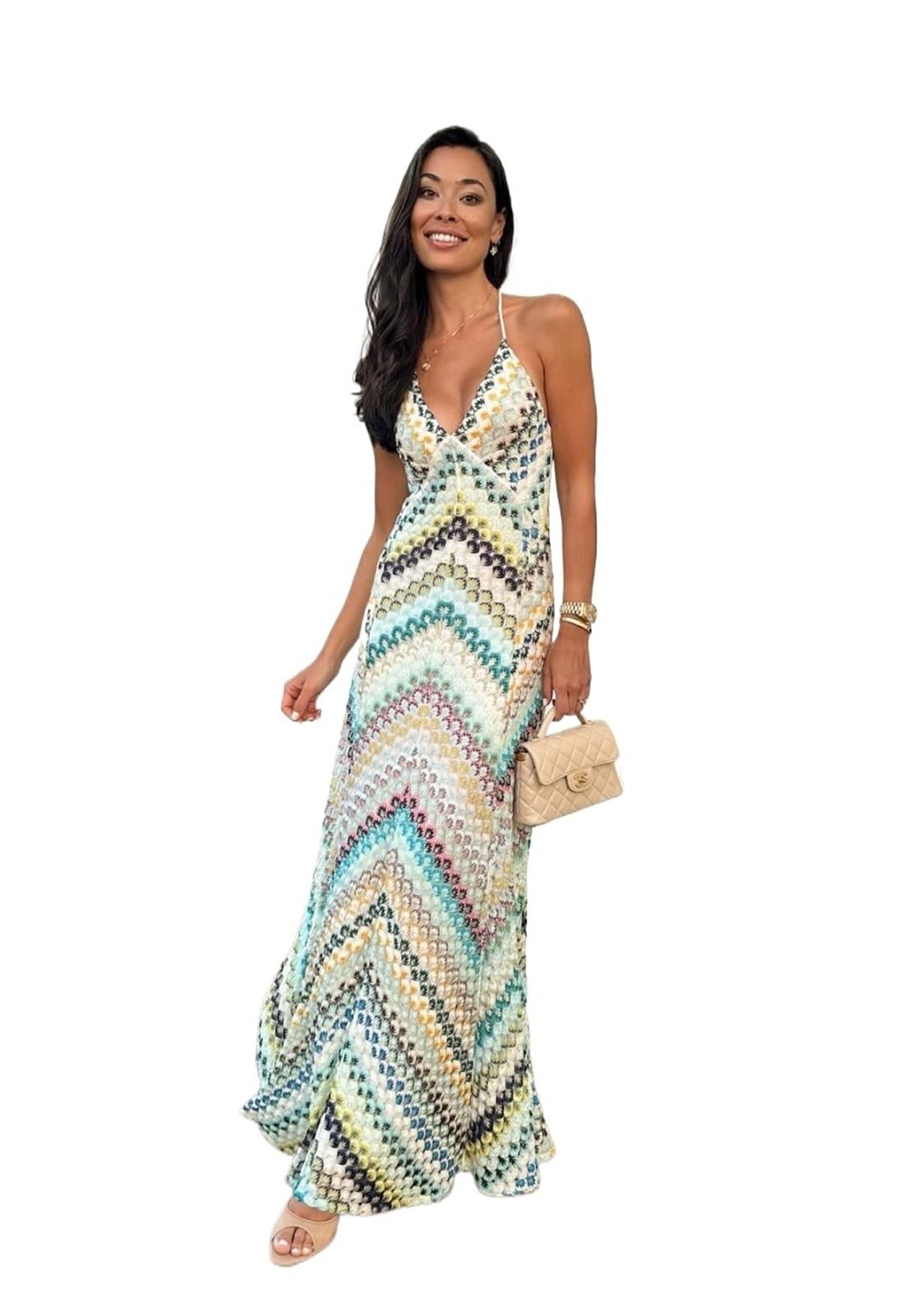 Vestido de Playa retales, Largo Sexy con Tirantes Hecho a Mano Ganchillo for Mujer, Verano for