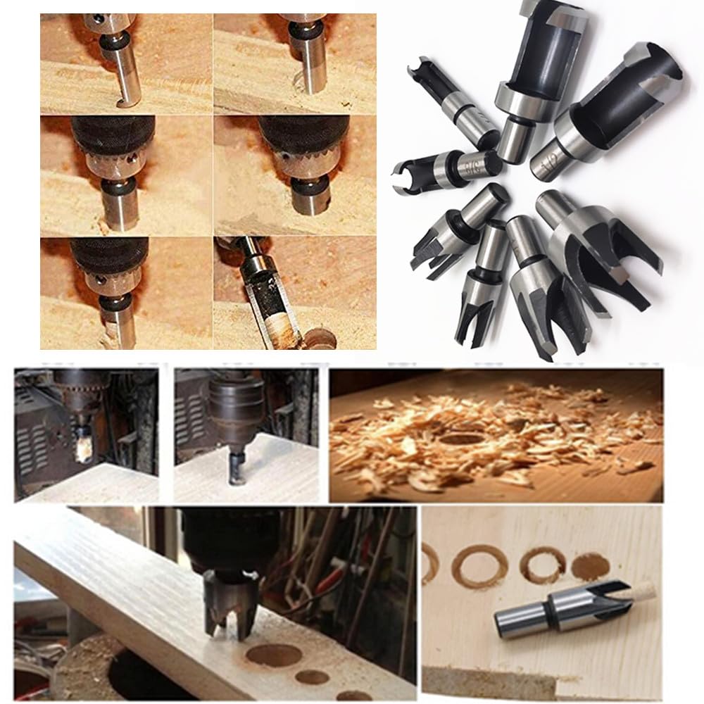 Juego de 8 brocas de corte de enchufe de madera, acero de alto carbono, revestimiento de titanio, brocas rectas y cónicas de 6 mm/10 mm/13 mm/16 mm