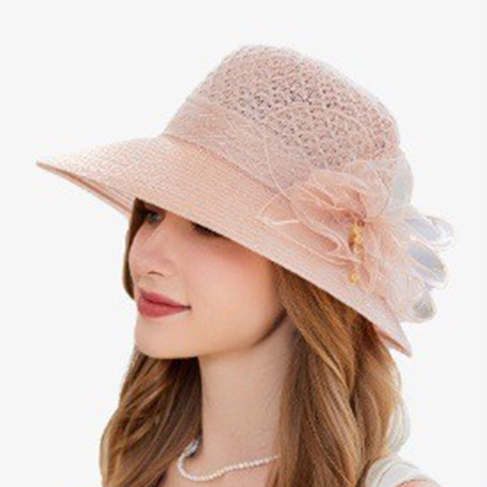 Chapeau Mariage, Chapeau Mariage Femme Chic Organza Blanc Cassé Capeline Large Bord Ornée de Plumes Chapeaus Soleil Cérémonie Élégant Anti-UV Pliable pour Cocktail Mère Mariée