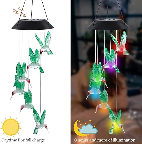 Miniatura 4 de MorTime - Carillón de viento solar LED de colibrí, carillón de viento colgante móvil de 25 pulgadas para decoración del jardín del hogar, cambio de