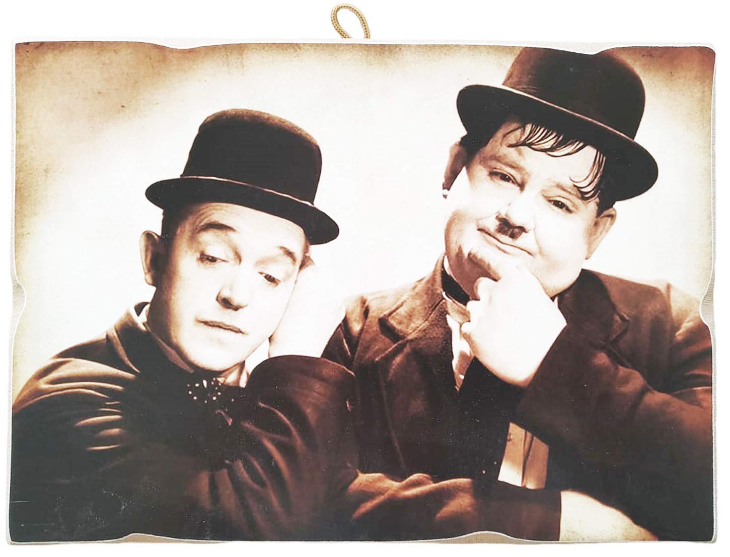 Kustom Art Earthy Tones With Black Vintage Style Stan Laurel Oliver Hardy Collectible Picture Print On Wood Made In Italy