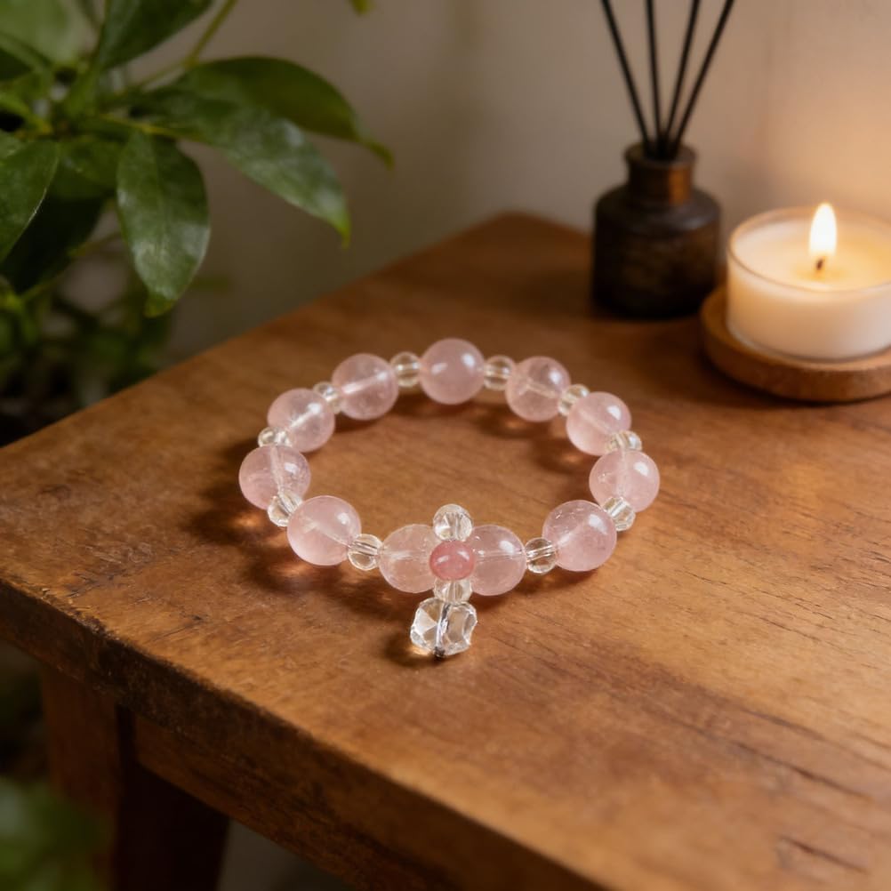 Bracciale al Quarzo Rosa curativo al Quarzo Trasparente, Braccialetti Naturali Fatti a Mano Bracciale Elasticizzato con Pietra preziosa Rosa Naturale per l'energia positiva