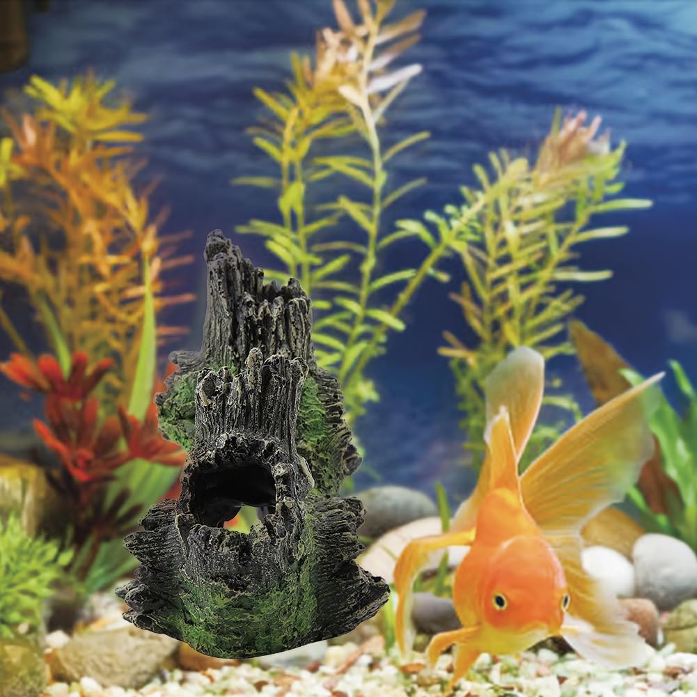Aquarium Tree Trunk, Hollow Landscape Stump Wood House Resin Ornament Hideout Caves Rocks Decor Fish Tank Hole Stone Decoration Accessories Betta Cichlid Turtles Small Lizards Reptiles Amphibians