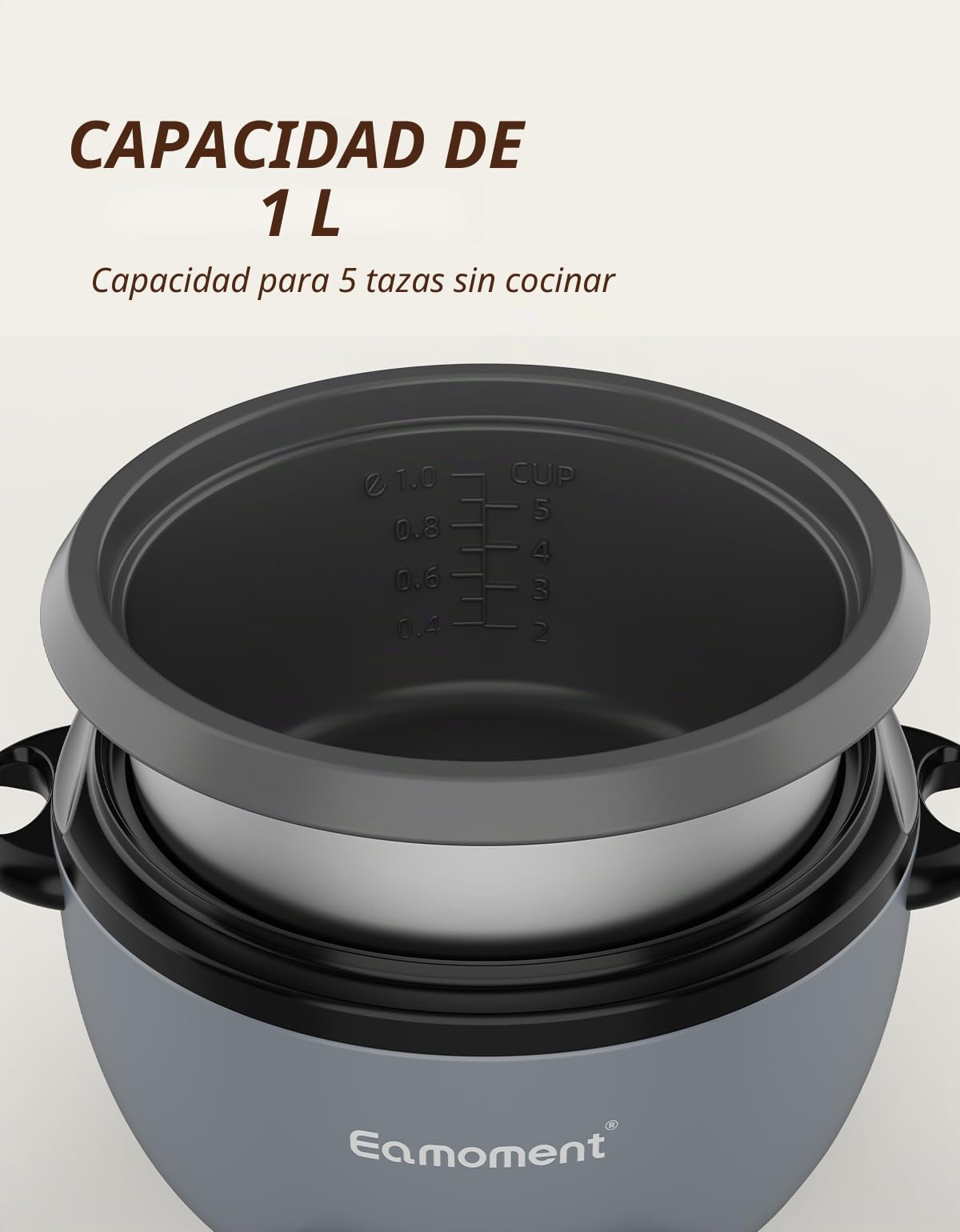 Arrocera 1L con Vaporera, Antiadherente, Plata, 400W | 1L Arrocera antiadherente, vaporera, mant. caliente, tapa vidrio, 1-5 p., cubeta extraíble, incl. taza medidora y espátula