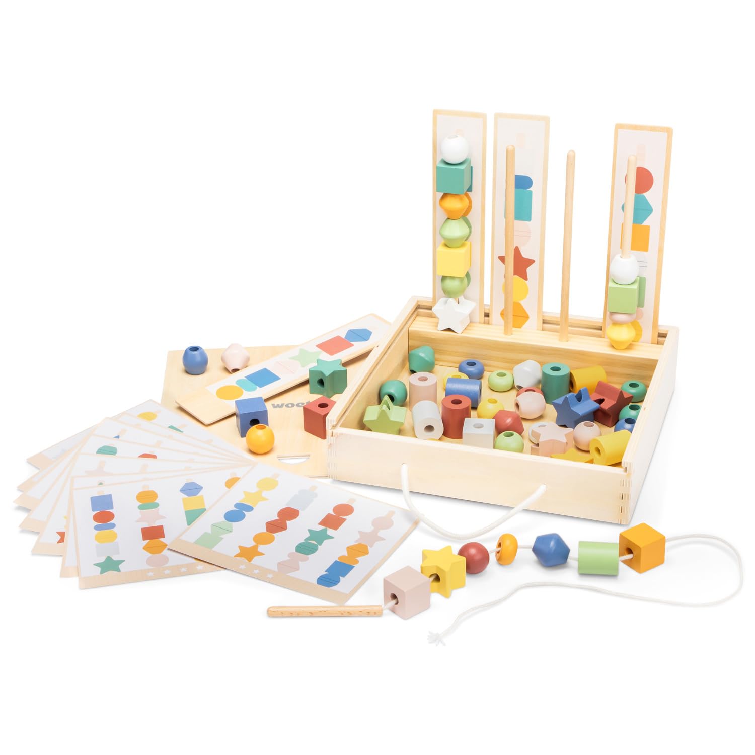 Woet - Wooden Lacing Beads Toy for Kids Age 3+ – Educational Sequencing Game with Shapes & Patterns – FSC Montessori Fine Motor Learning Set in Storage Box – Preschool Gift for Boys and Girls