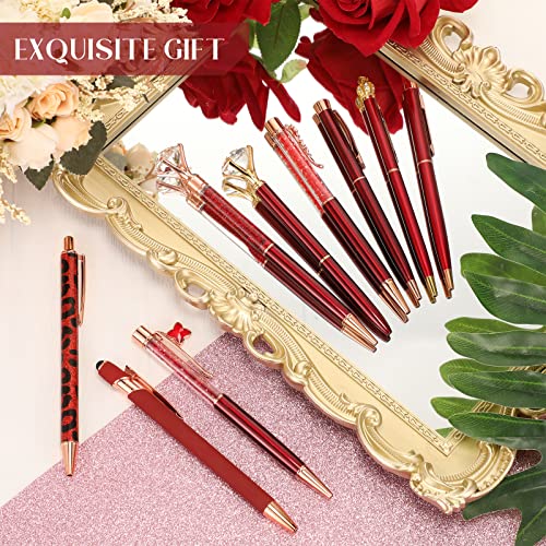 Image of Janmini Metal Crystal Glitter Ballpoint Pen Set 9 Pcs Black Ink Cute Cute Things Novelty Gifts for Women Girls Birthday Home Office (Wine Red)