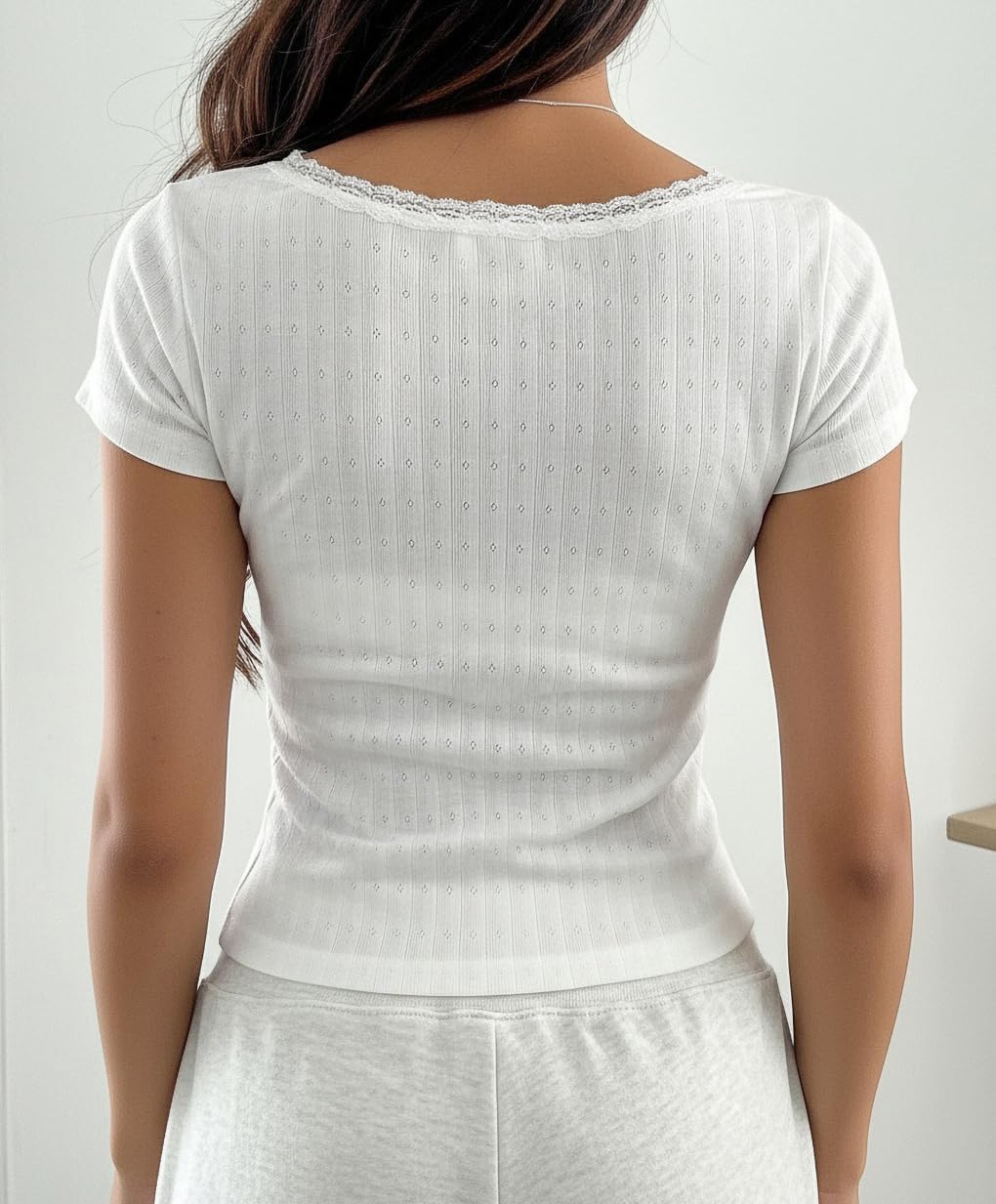 Women Y2k Lace Trim Scoop Neck Short Sleeve Henley Baby Tee Shirts Button Front Preppy Pointelle Fitted Crop Tops - Image 3