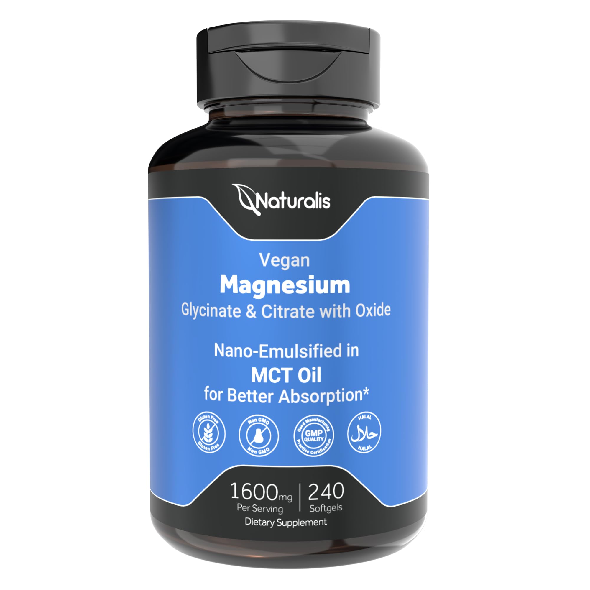 Naturalis Vegan Magnesium 240-Softgel | Chelated Glycinate, Citrate & Oxide 240 Count (Pack of 1)