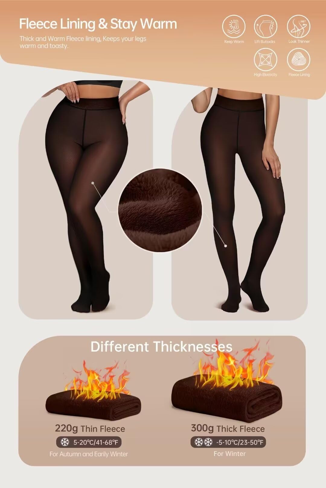 Vertvie Collant Polaire Femme Effet Transparent, Leggings Thermiques Epais Translucide Extensible Collant Chaud d'hiver Opaques Pantalons Taille Haute