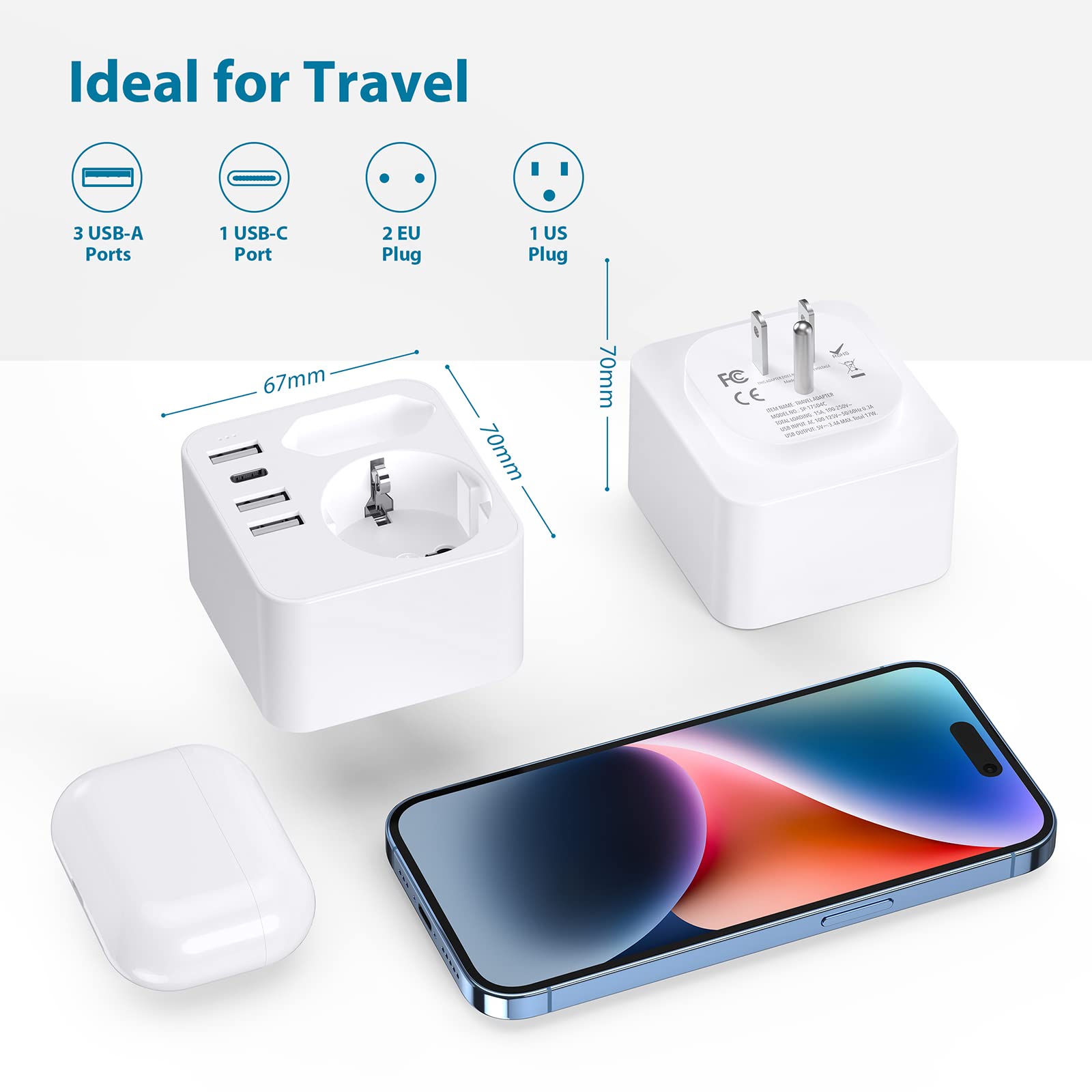 6 en 1 Adaptateur Prise France vers USA, Adaptateur Prise USA, Canada, Americaine avec 3 USB et 1 Type C (3,4A) et 2 Prises, Mexique Thaïlande Type B