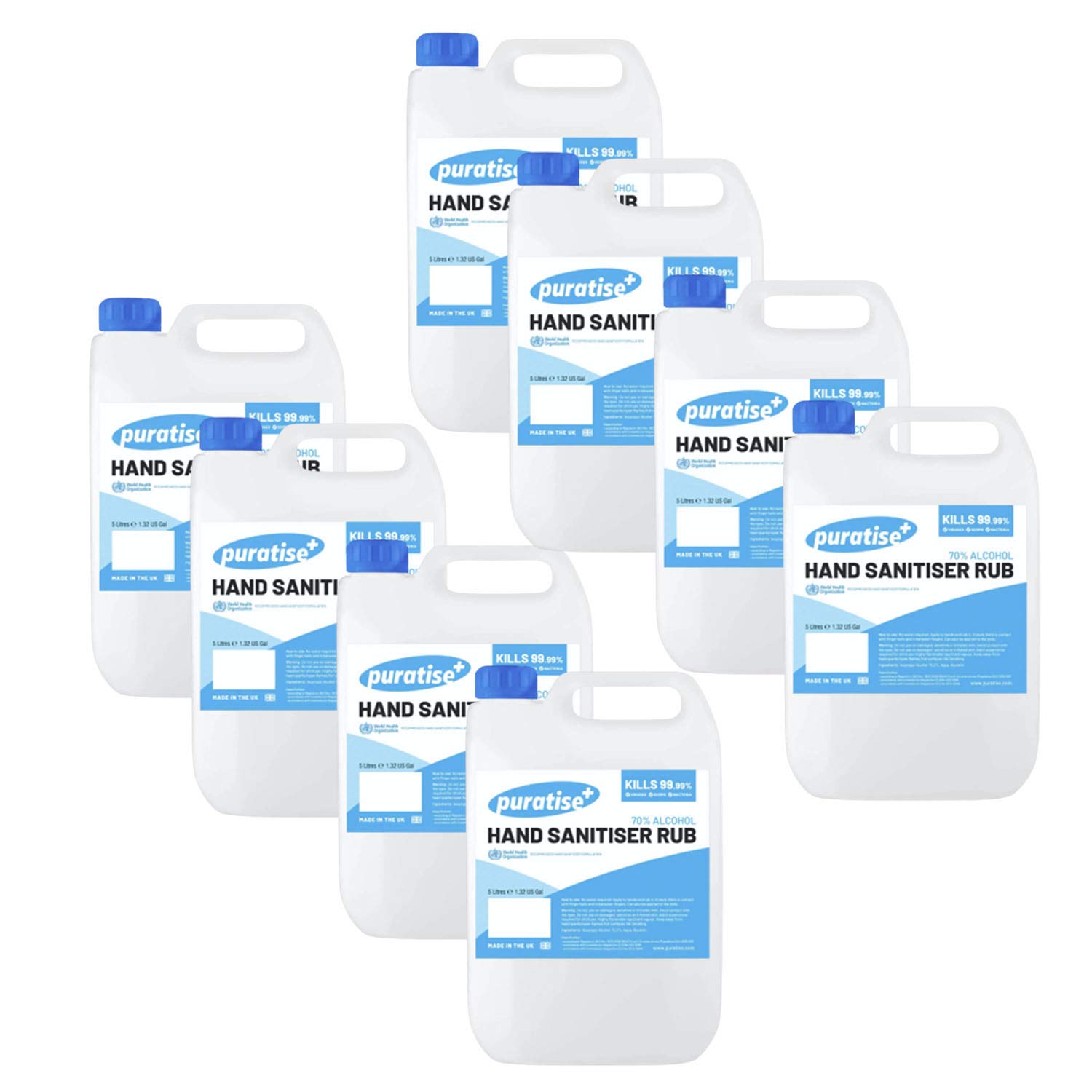 Hand Sanitiser x8 PURATISE 5L Hand Sanitiser Alcohol Liquid RUB - 70% Hand Sanitizer Kills 99.99% of Germs & Bacteria - MADE IN THE UK Melbec Microbiology Approved BSEN 1276:2019 & BSEN1500:2013