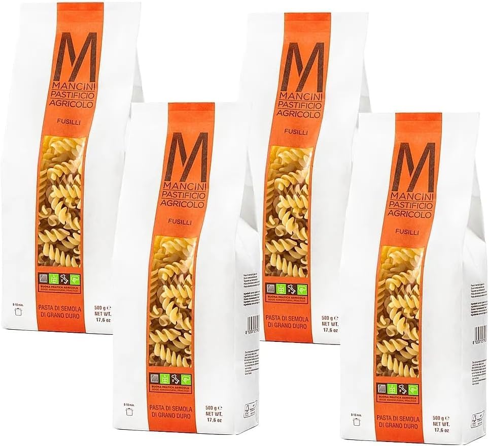 Mancini Pastificio Agricolo Fusilli Línea Clásica – Pasta artesanal de sémola de trigo duro, producida con trigo de Las Marcas, trefilada en bronce, secado lento – 4 paquetes de 500 g