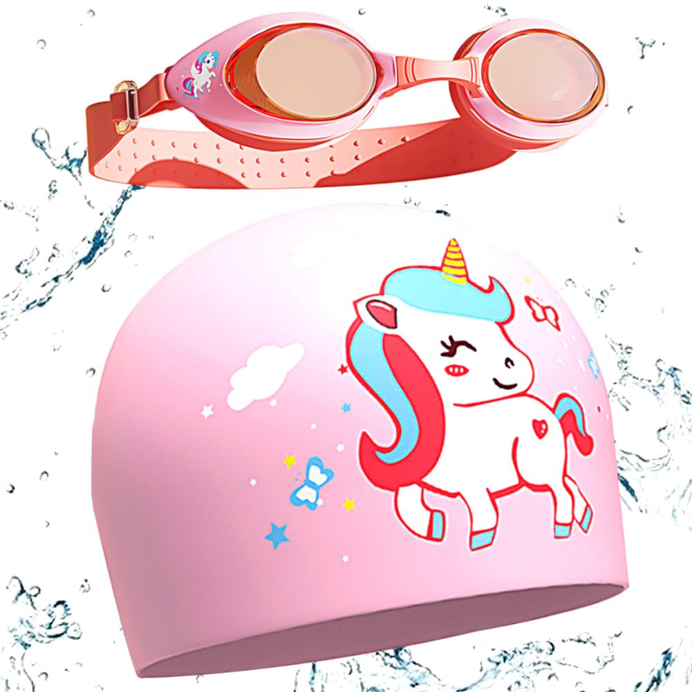 Conjunto De Gafas De Natación Para Niños Gorro De Natación, Gafas De Natación Antivaho Con Protección Uv Para Niños Niñas Adolescentes (Motivo Unicornio)