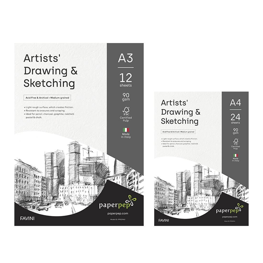 PaperPep Artists' Sketching & Drawing Paper 90GSM A3 (Pack of 12) + A4 (Pack of 24) for Sketching & Drawing with Pencil, Charcoal, Graphite,Pastel, Chalk for Artists' & Amateurs