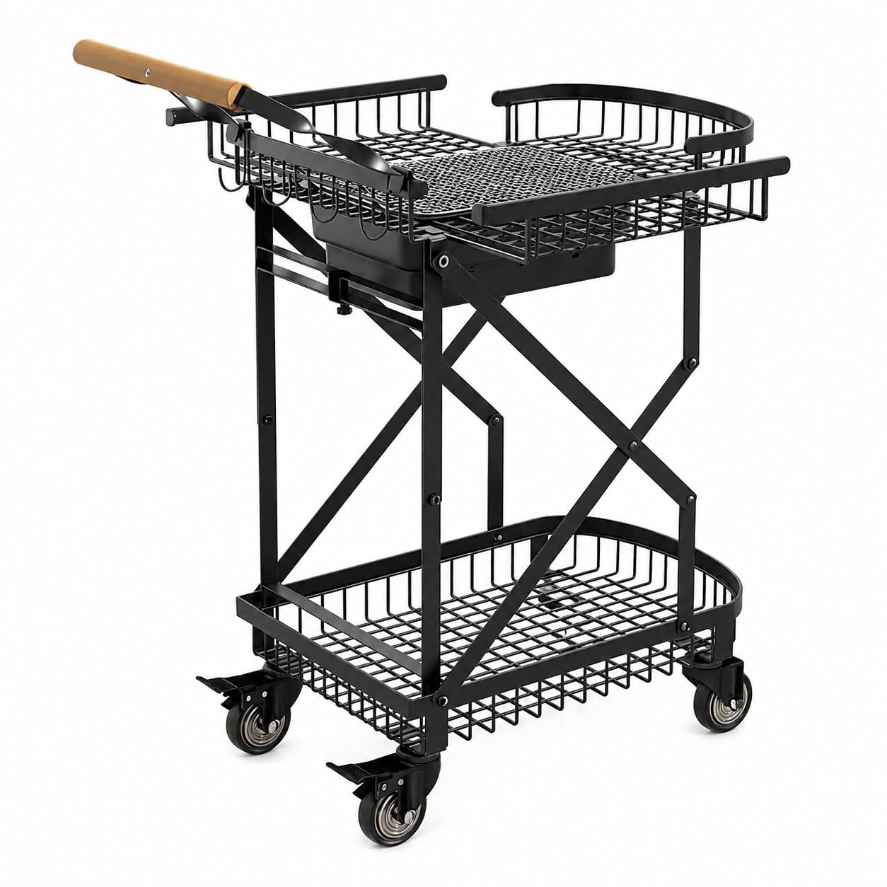 Barbacoa Carbón Portátil, Parrilla Barbacoa Exterior con Ruedas, Carrito Acero y Madera, para Camping y Jardín, Carro de barbacoa con parrilla y ganchos (semi-ensamblado)