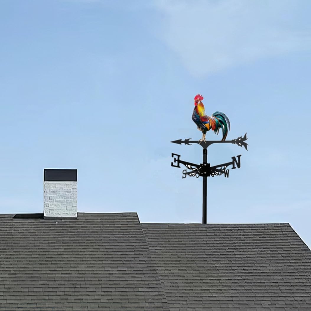 Wetterfahne aus Metall, Hahn, Hof, Scheune, Ornament, buntes Dach, lebendiger Hahn, Windrichtungsanzeiger, Garten-Kunstdekor für den Außenbereich (CKB)