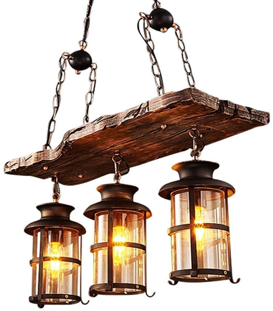 Industrial Loft Chandelier Retro Antique Metal Glass Wood Decorative Hanging Lamp for Kitchen Island Farmhouse Bedroom Warehouse 3 heads