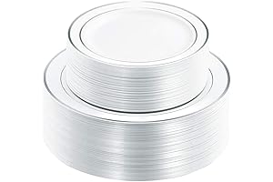 WDF 120PCS Plastic Plates for Wedding Dinner Party - White with Silver Rim