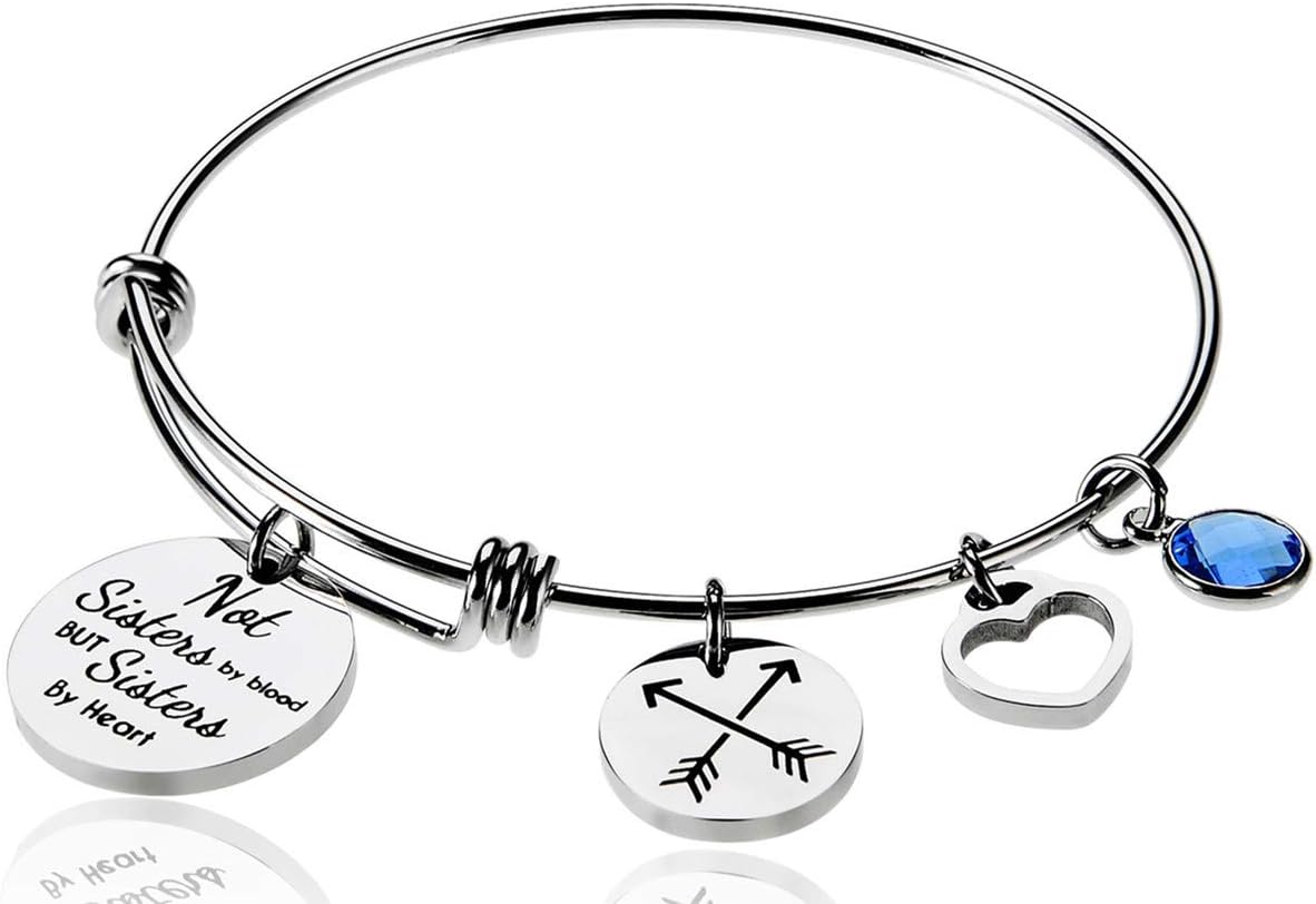 Best Friends Bracelet, Inspirational Bracelet, Not Sisters By Blood But Sisters By Heart Charm Bracelet For Women,Birthstone Bracelet, Friendship Arrow Bead Expandable Wire Bangle Adjustable Bracelet