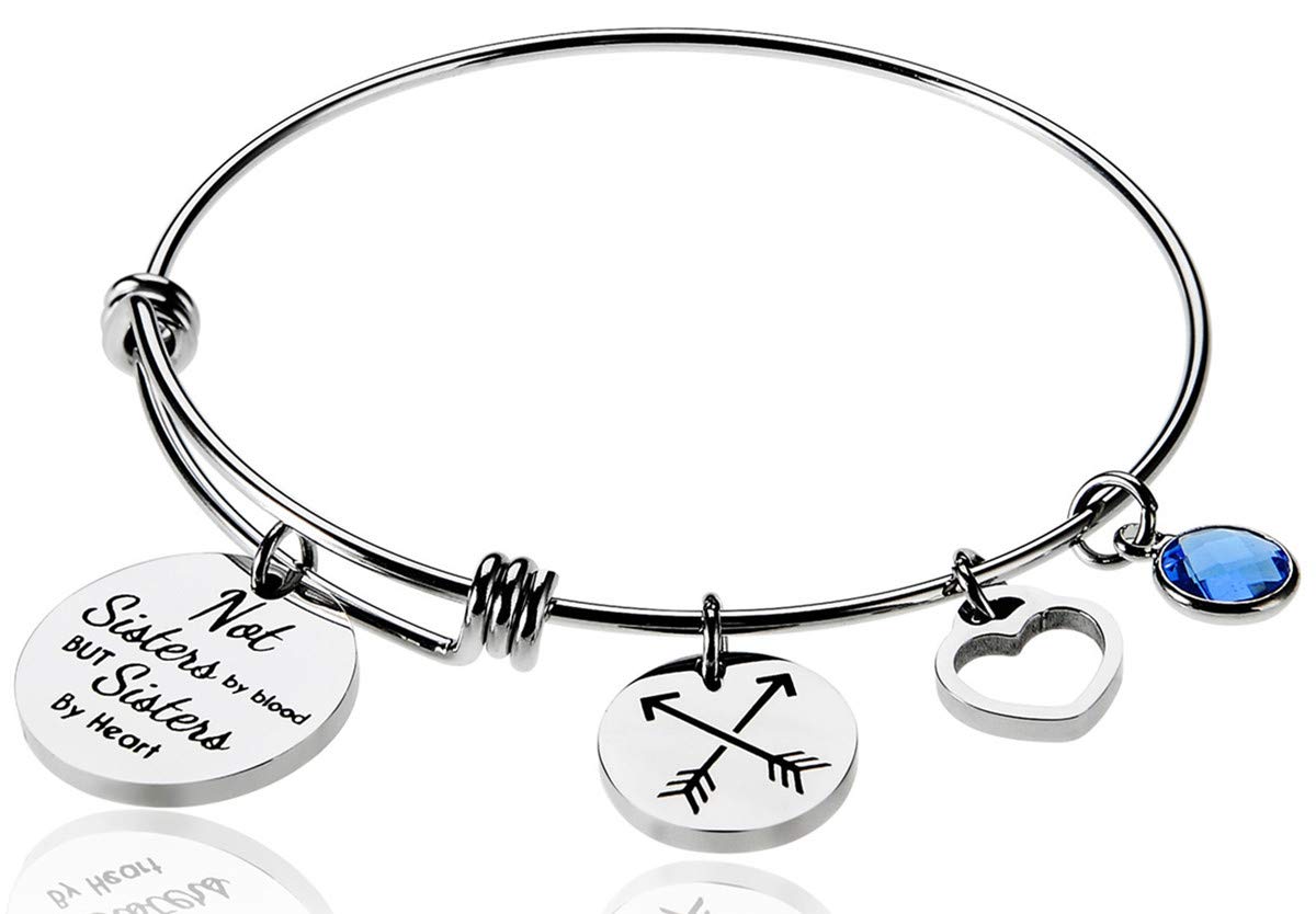 Best Friends Bracelet, Inspirational Bracelet, Not Sisters By Blood But Sisters By Heart Charm Bracelet For Women,Birthstone Bracelet, Friendship Arrow Bead Expandable Wire Bangle Adjustable Bracelet