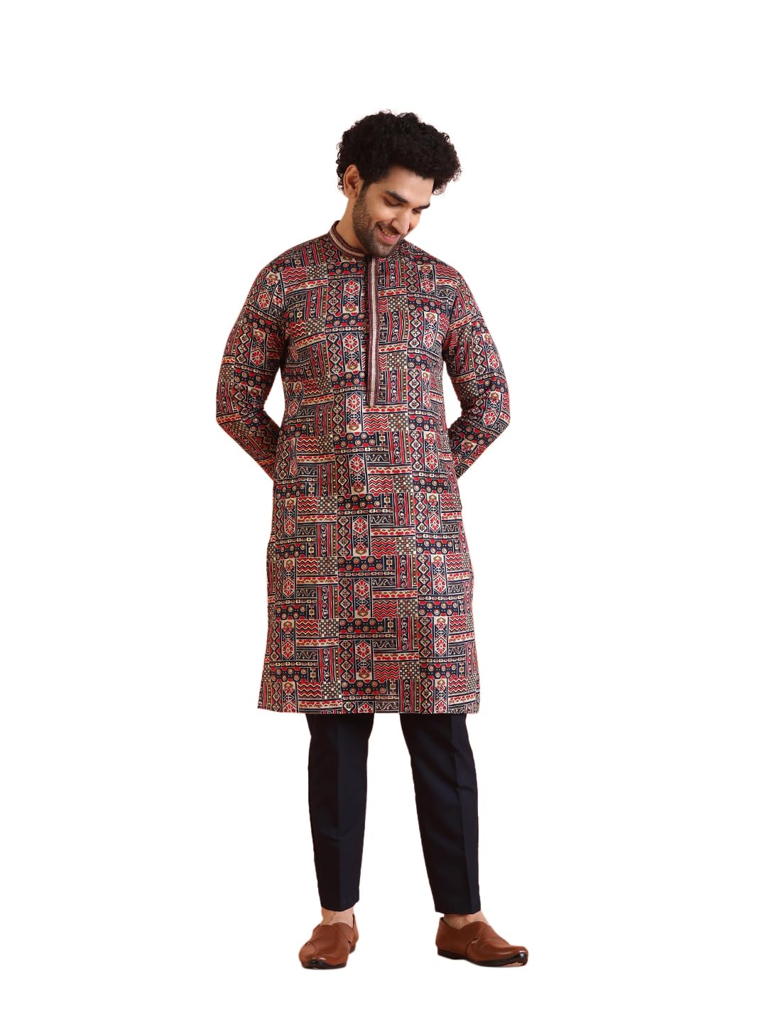 Men Navy Blue Printed Geometric Kurta Trouser Set-image-0
