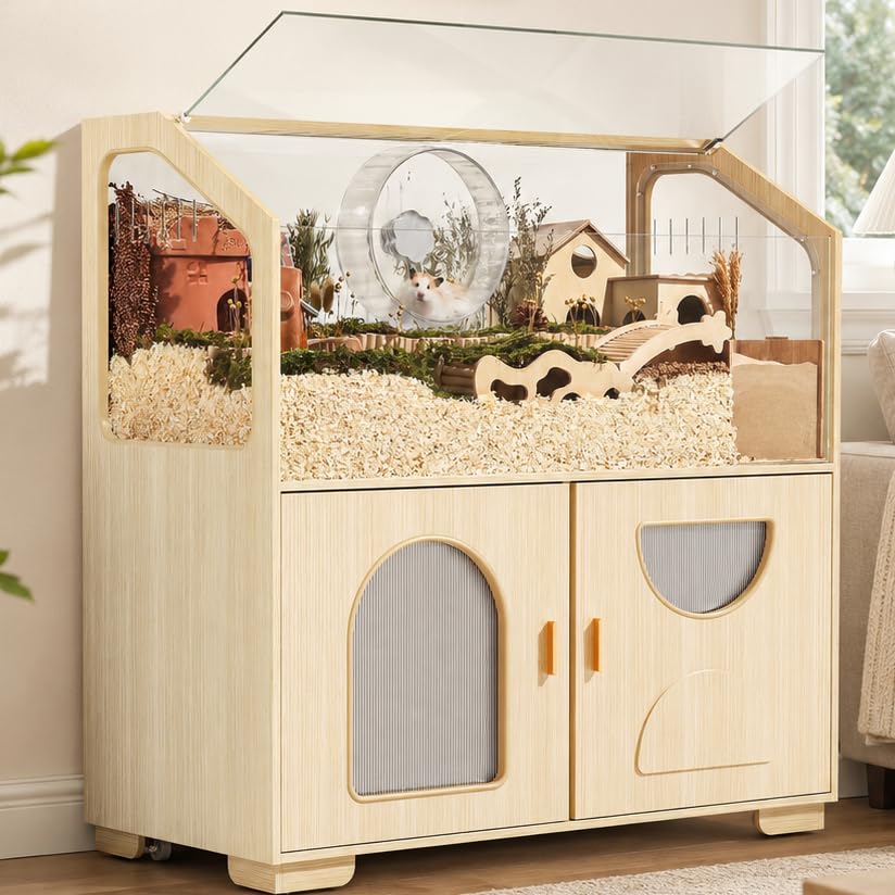 BUCATSTATE Large Hamster Cage with Storage Cabinet, Wooden Hamster Enclosure with Casters, Small Animal Cage for Gerbils, Dwarf Syrian Hamster, Rats 100L X 50W X 110H CM (Honey Oak)