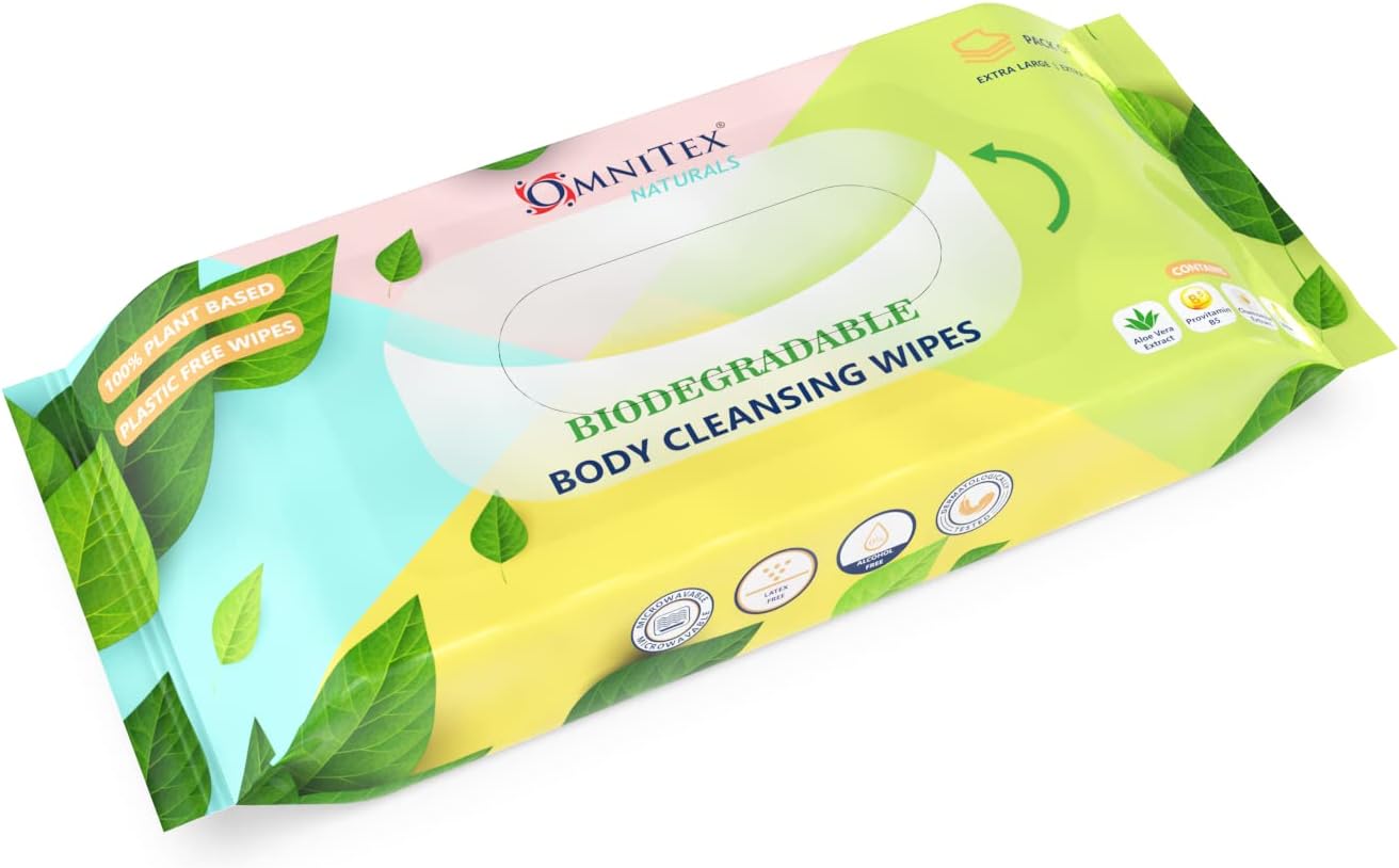 80x Omnitex Biodegradable Extra Large & Extra Thick Body Cleansing Wipes - Microwaveable | Rinse Free Wipes for Camping, Festivals, Elderly Bed Bath | Alcohol Free, With Aloe Vera & Vitamins | 2x 40pk 3 61fUf3fVn2L. AC SL1460