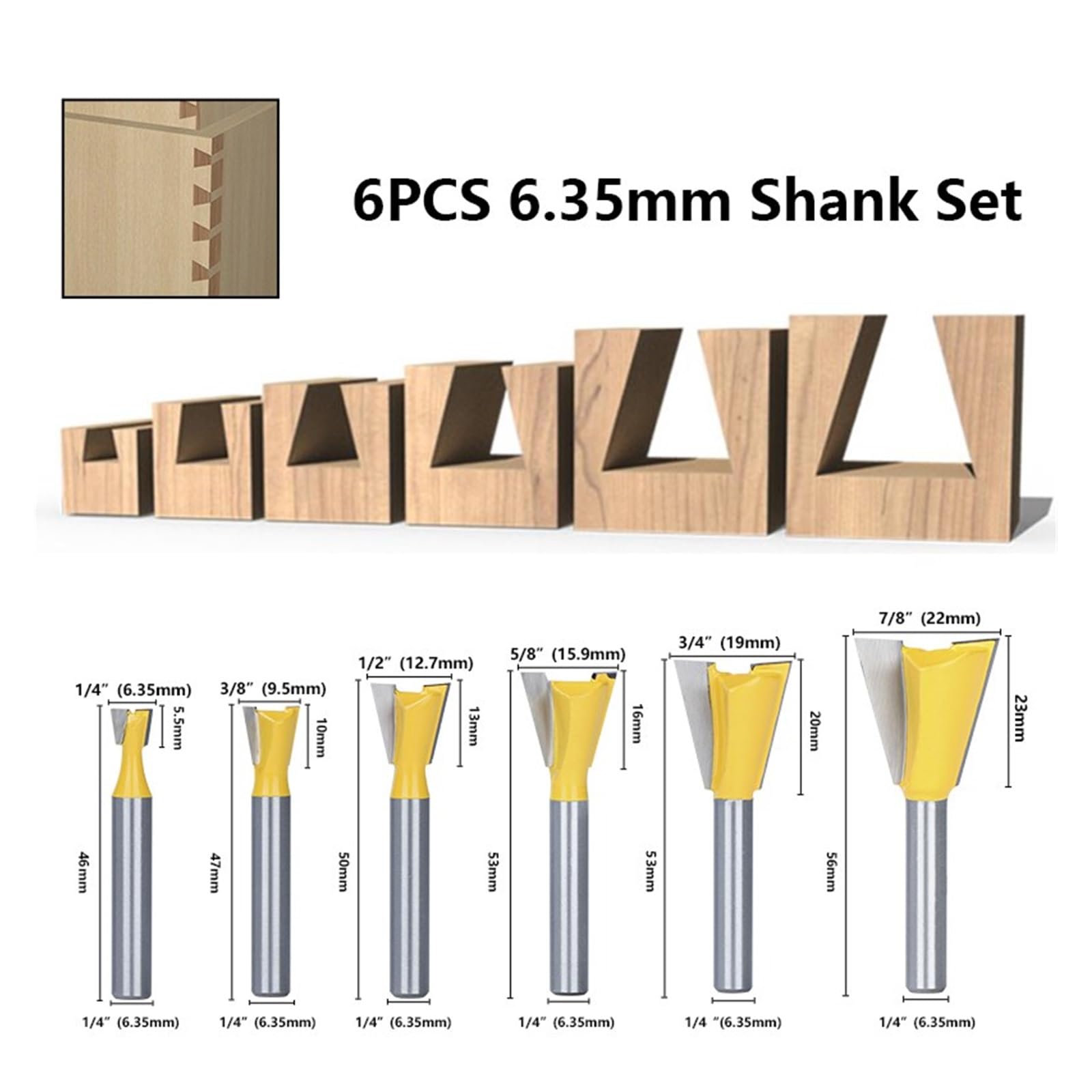 1/6 sztuk frez do drewna 6mm Shank 1/4 jaskółczy ogon wspólne frezy 14 stopni narzędzi obróbki(6pcs Set 6.35-22mm)
