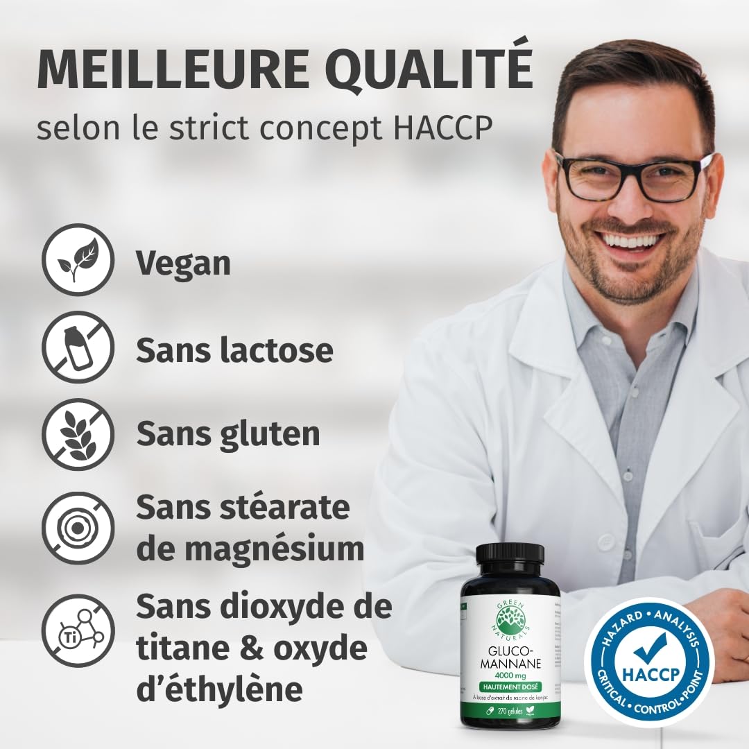 Glucomannane Gélules VEGAN – 4000 mg glucomannane par dose journalière – Extrait de konjac (4200 mg) – 270 gélules pour 45 jours – Sans additifs – Green Naturals®