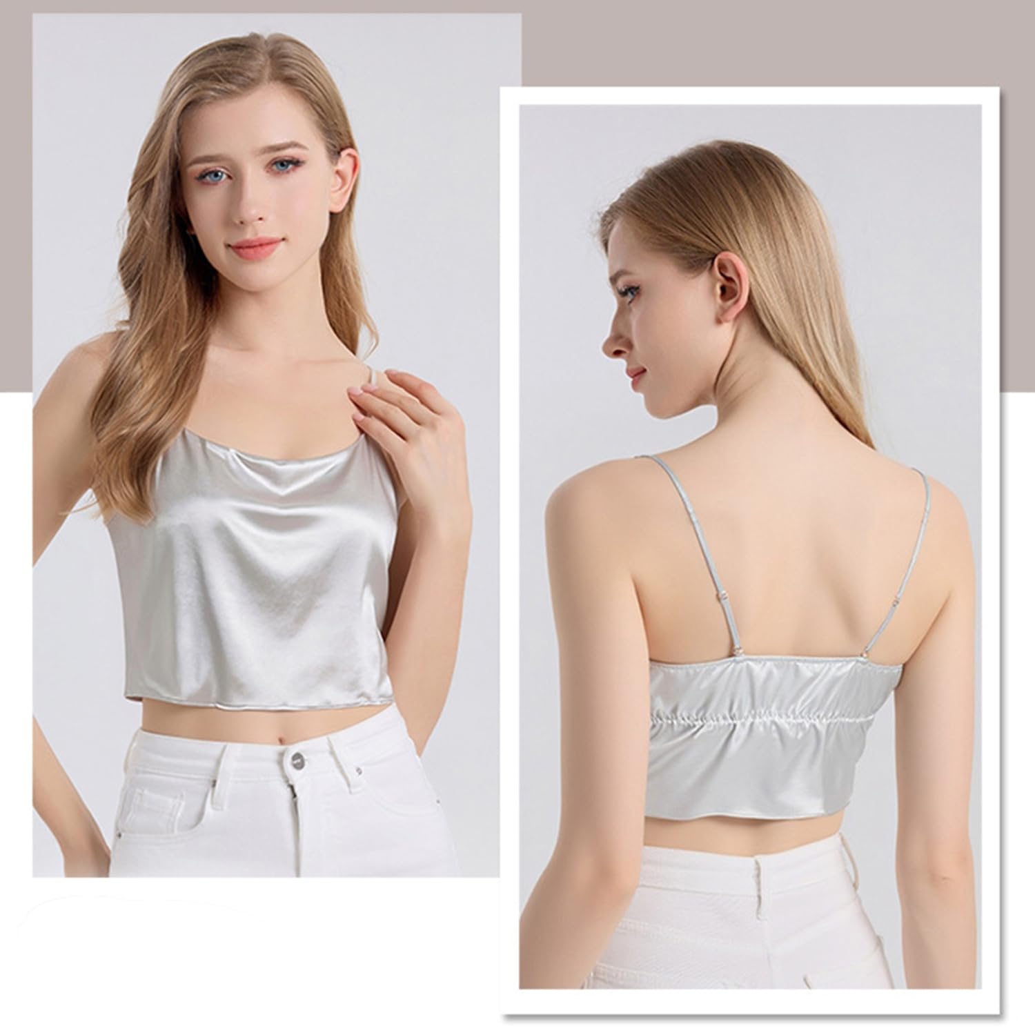 Crop Top da donna in 100% seta di gelso satinato, canotta con reggiseno integrato, sexy, senza maniche, canottiera estiva, elegante, top in seta, top casual per tutti i giorni