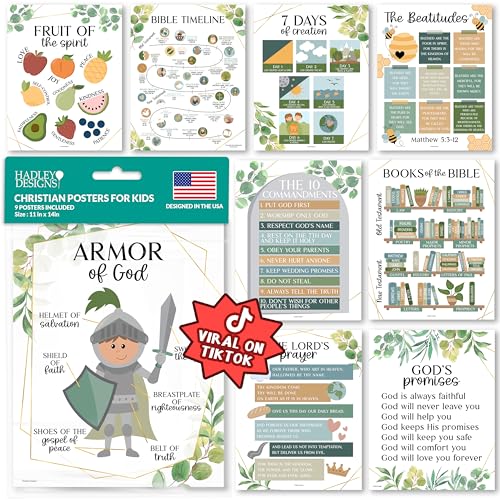 Image of Hadley Designs Sunday School Decorations for Classroom -9 Bible Posters for Kids, Books of the Bible, 10 Commandments, Bible Timeline Chart, Fruits of the Spirit, Greenery Christian Classroom Decor