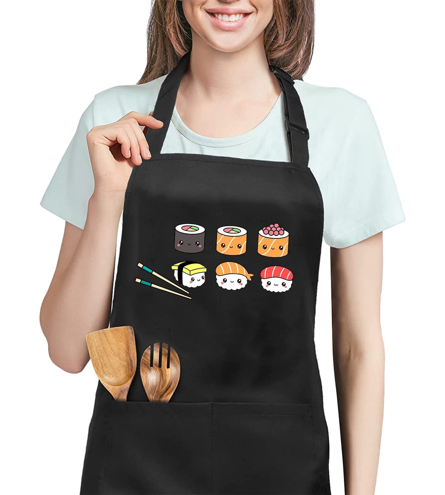 Cute Sushi Apron for Women with 2 Pockets Waterproof Adjustable Bib Apron for Kitchen Cooking BBQ Grilling Funny Gift