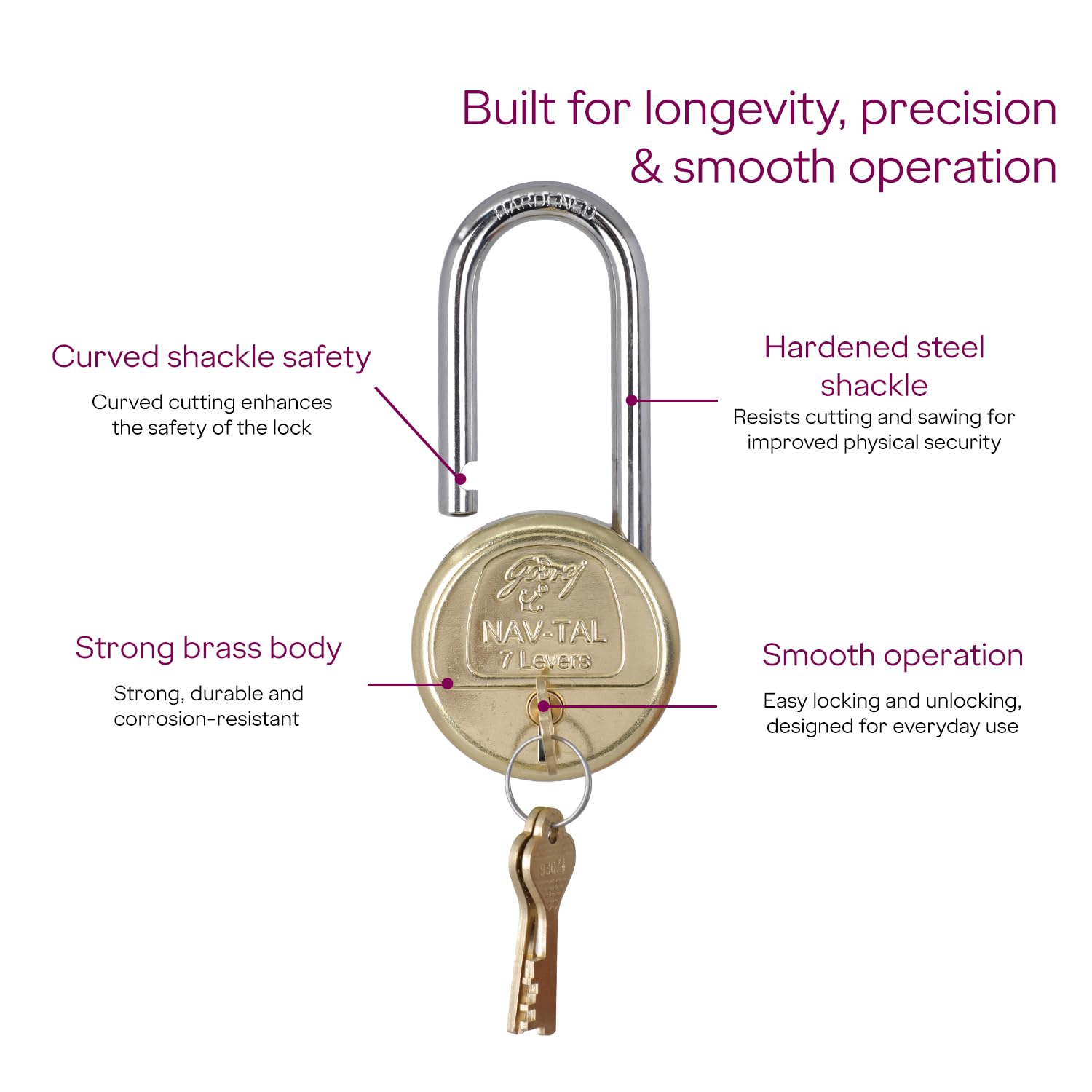 Godrej Locks I Navtal 7 levers 65 mm I 3 Keys I Long Hardened Shackles I for Padlock for Main Door I Gate Lock I Tool Box, Shutters, Shops & Offices I Brass Finish | 1 Year Warranty — Amazon image 5