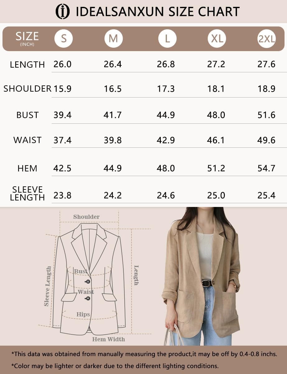 IDEALSANXUN Blazer décontracté à manches longues en lin pour femme