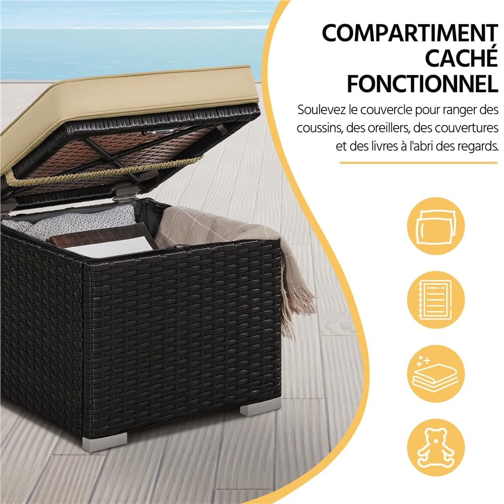 Yaheetech Ottomano Set di 2 Sgabelli Poggiapiedi da Giardino con Cuscino e Contenitore Intreccio in Rattan Cubo Panca con Coperchio Rimovibile Resistente 39 X 39 X 41 cm Marrone/Khaki