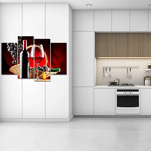 Miniatura 3 de iKNOW FOTO 4 piezas de decoración de pared de cocina, vino negro y rojo, uvas, lienzo, ilustración, botella de vino, pintura, impresión de arte